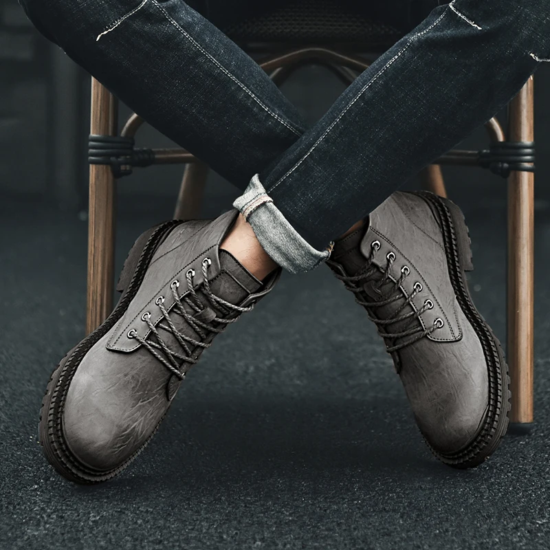 Рабочие мужские ботинки модная зимняя теплая обувь черные повседневные зимние