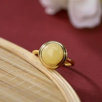 s925 sterling silver gold plated inlaid natural beeswax amber round beads women rings simple temperament ladies open ring k0003