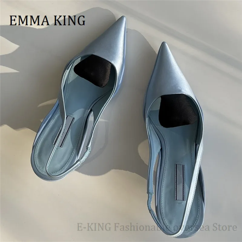 

Women Kitten Heels Pumps Unique Rubber Shell Sole Slingback Satin Pumps Sexy Pointy Toe 2021 Spring Summer Women Runway Shoes