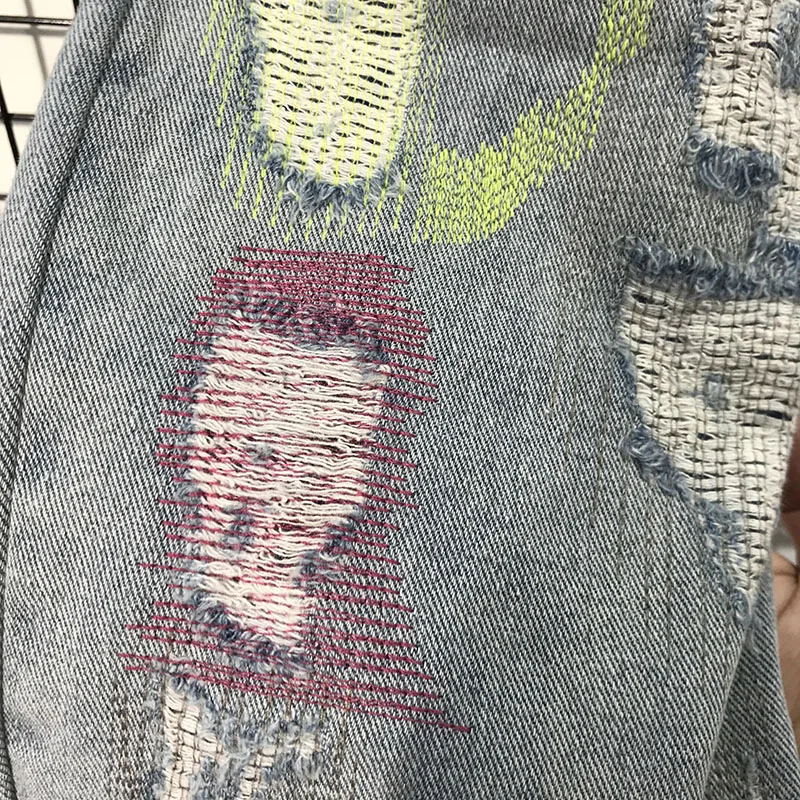 

Hip-Hop Damage Hole Distressed Denim Jean Men Women Top Quality Streetwear Black Fluorescent Green Letter Embroidery Denim Pants