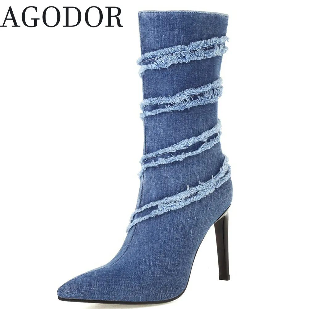 

AGODOR Blue Denim Ankle Boots Stiletto Pointy Toe Women Shoes High Heels Sexy Booties Thin Heel Fashion Women Boots Size 34-45