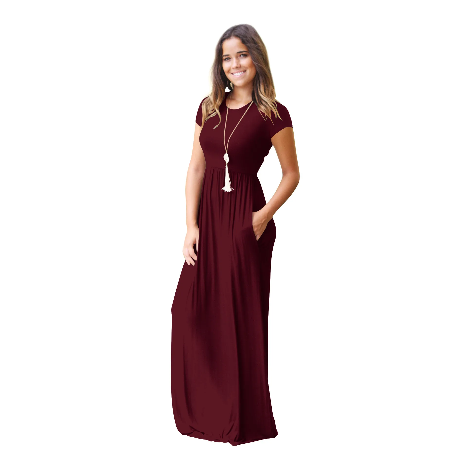 

8 Colors Women Summer Solid Color Long Skirt Short Sleeve Pocket Dress
