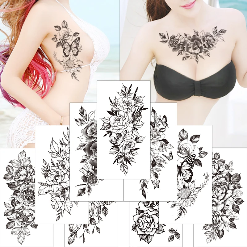

Sexy Flower Temporary Tattoos For Women Body Art PaintingBreast Arm Tattoos Sticker Realistic Fake Black Rose Waterproof Tattoos
