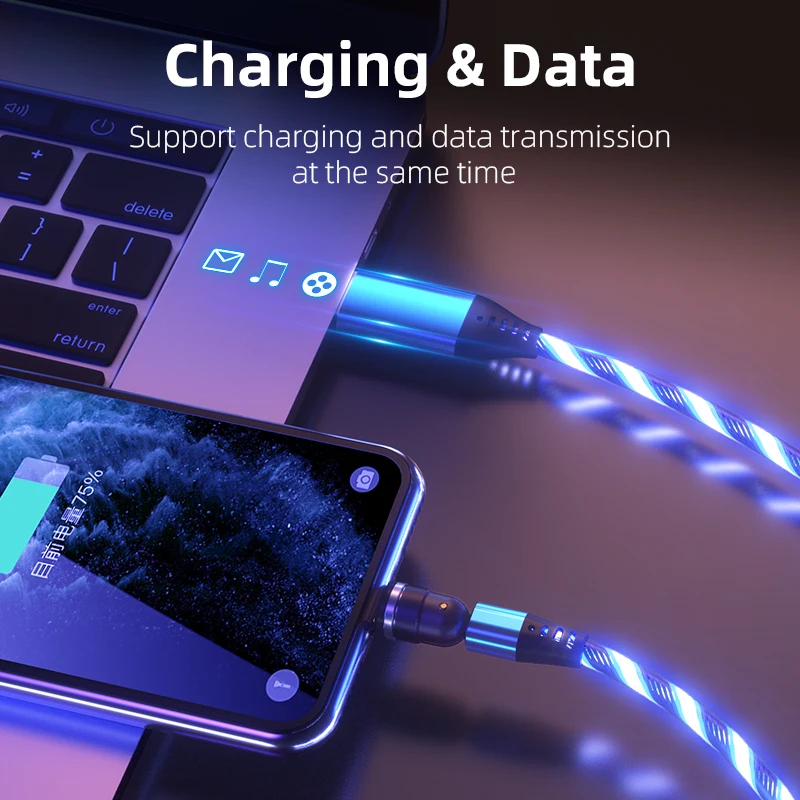 540° Rotation Glowing Magnetic Cable 3A Fast Charging Usb c Cable Phone Charging Cord Magnetic Charger For iPhone Samsung Huawei