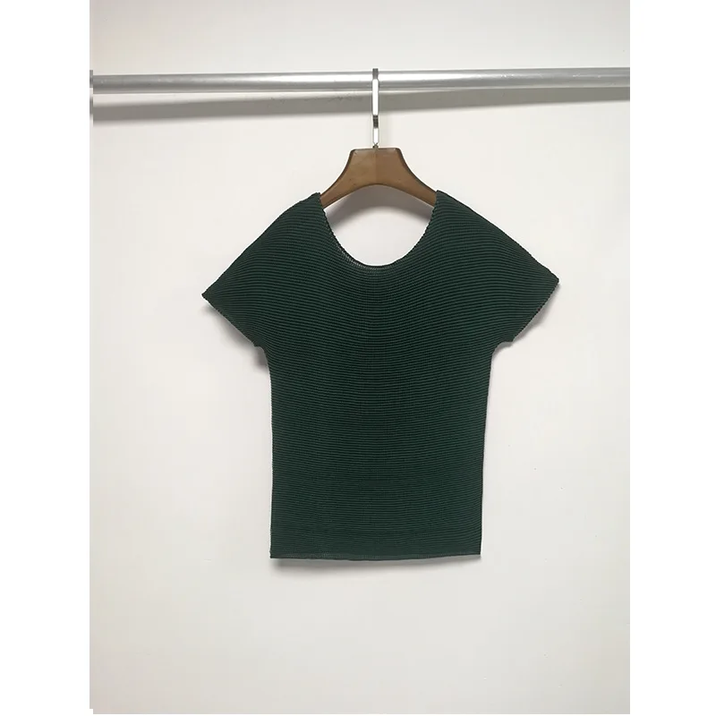 

Pleated Top Women's 2020 New Fashion Elastic Solid Round Neck Short Sleeve T-shirt