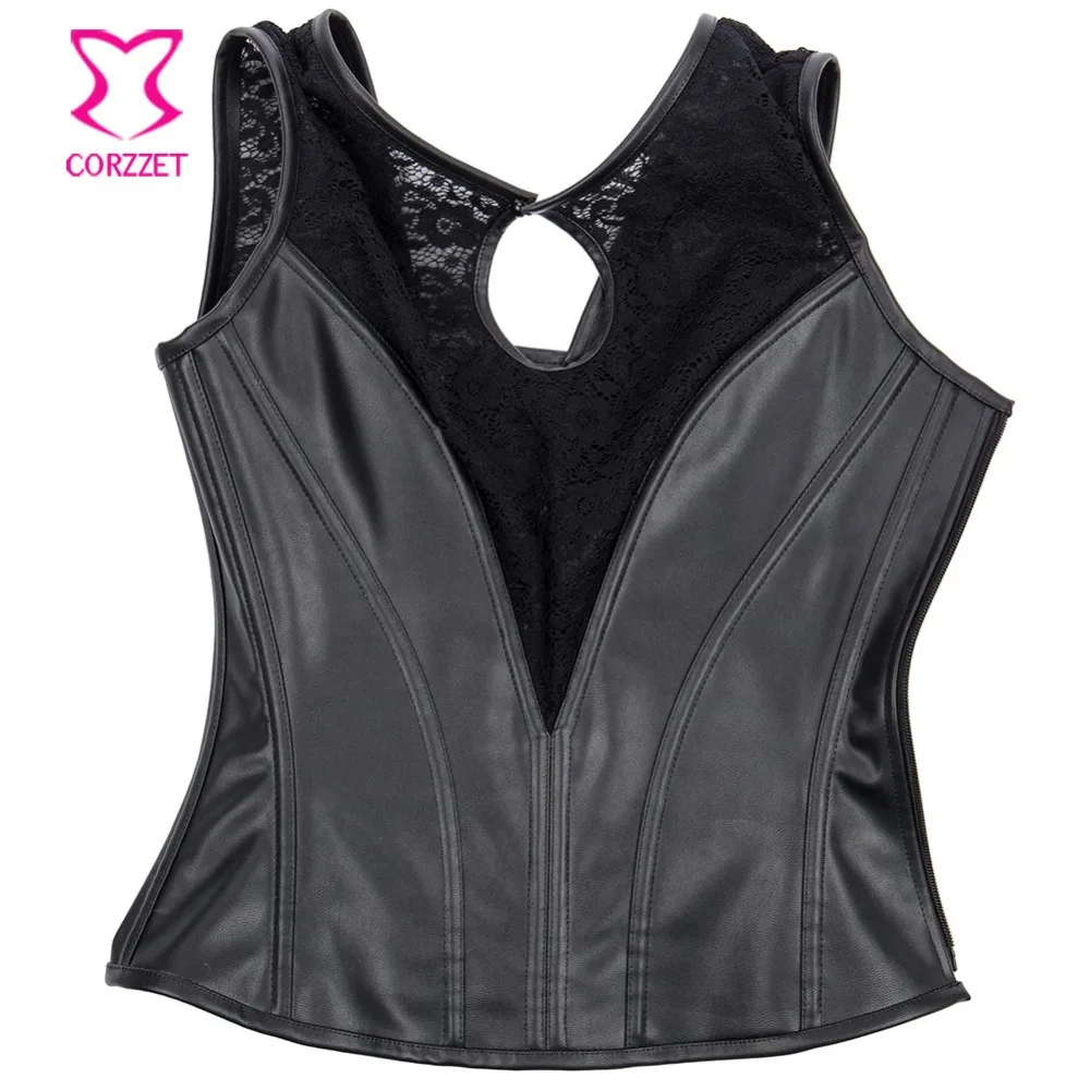 Корсет женский в готическом стиле Черная кружевная кожаная майка на молнии сбоку