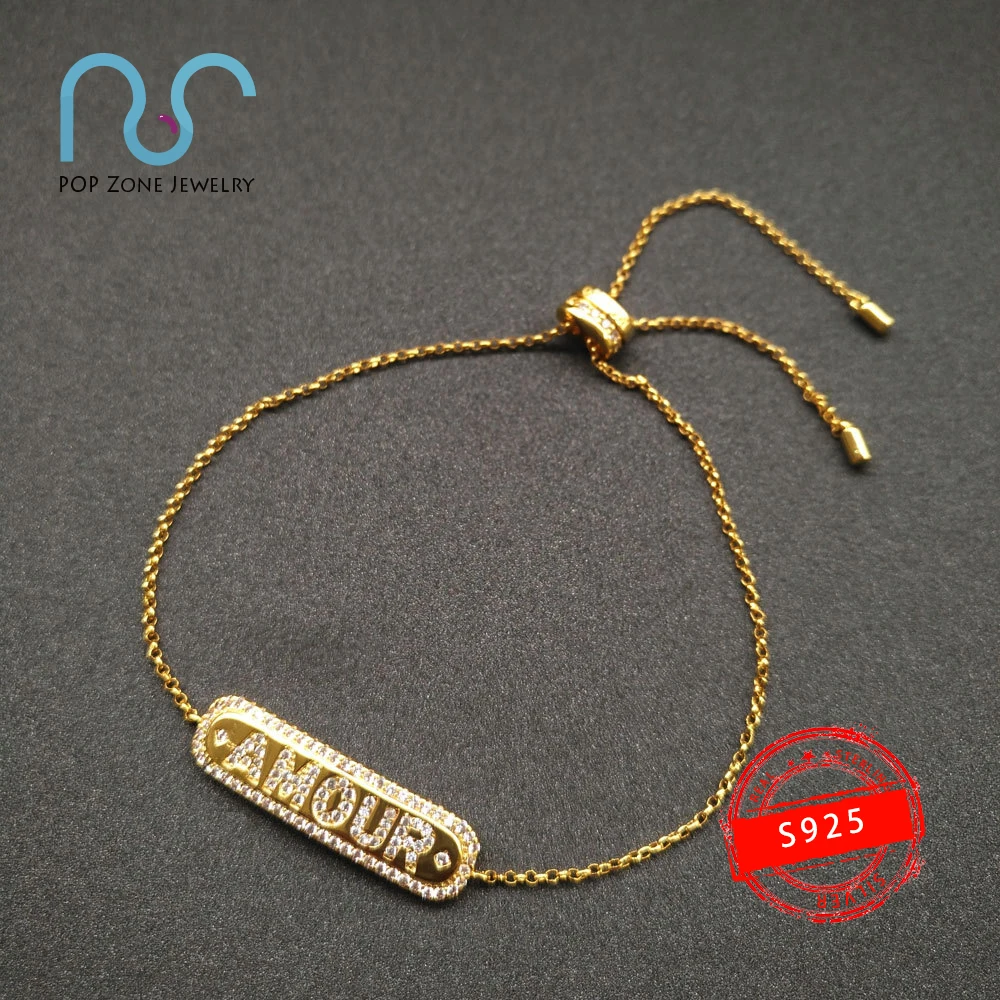 

popzone S925 Sterling Silver Bracelet Classic AMOUR Letter Bracelet Female Fashion Golden Yellow Brand New Retractable Bracelet