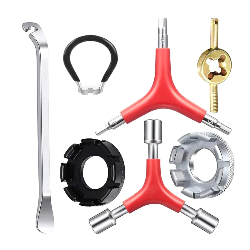 

7 Pcs Spoke Tool Kit,8 Cut Open Spoke Wrench,Tire Lever,Bike Spoke Wrench,Valve Core,Y-Type Hex Wrench and Socket Wrench