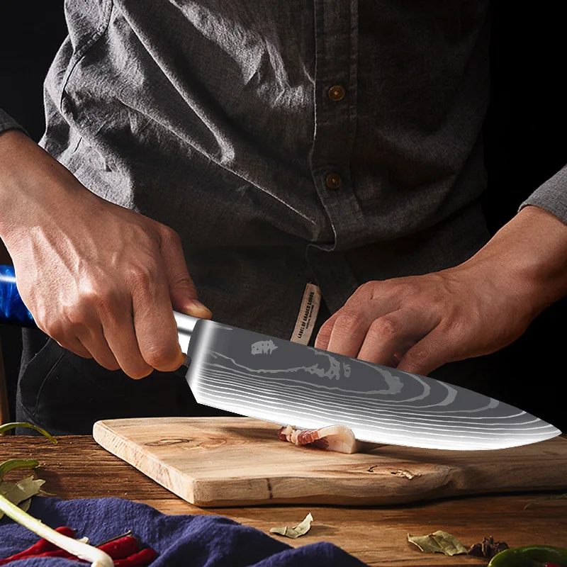 SANLEPUS Kitchen Knives Laser Damascus Pattern Chef Knife Sharp Santoku Cleaver Slicing Cake Utility Blue Resin Handle | Дом и сад