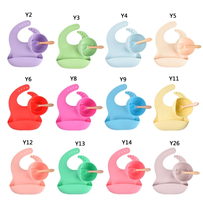 

Baby Silicone Bowl Bibs Set Non-slip Children's Suction Plate Wooden Handle Silicone Spoon Bibs Dishes Baby Feeding Tableware