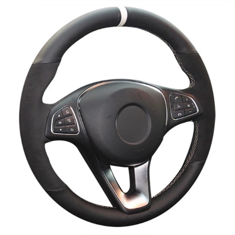 

Hand-Stitched Soft Black Genuine Leather Suede Car Steering Wheel Cover For Mercedes-Benz C180 C200 C260 C300 B200