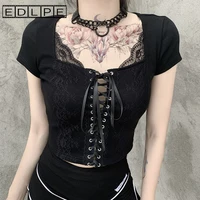 hot ins lace stitching chic wearing rope lace up navel show thin short t shirt top clothing steetwear unif gothic woman tshirts