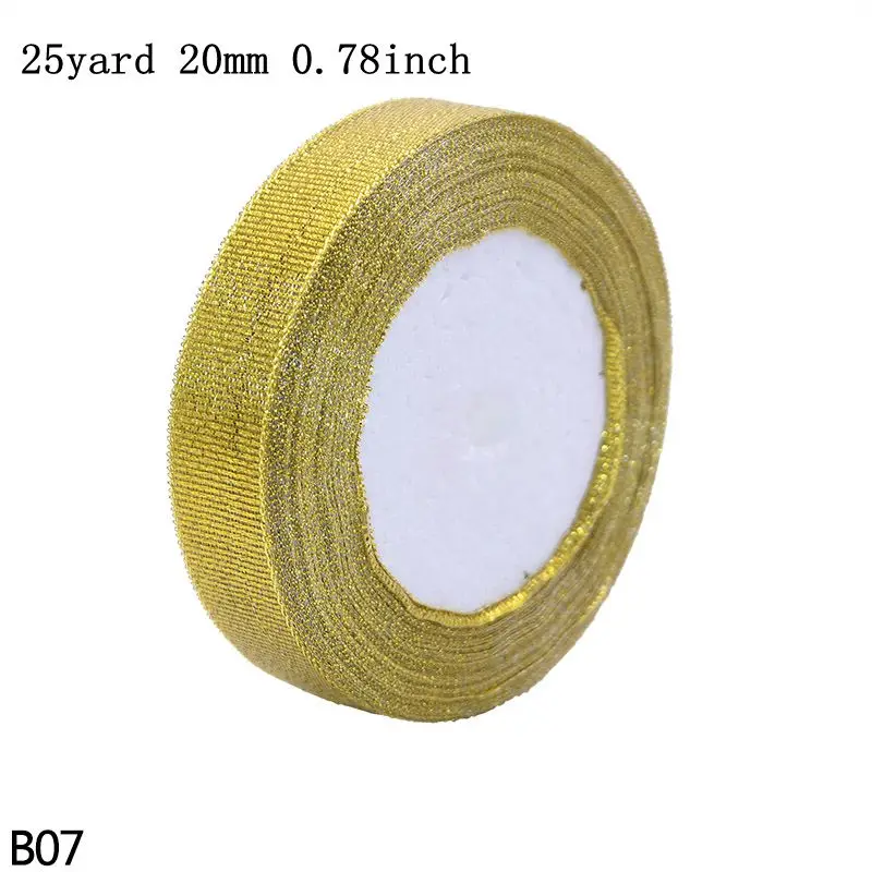 B07-gold-20mm 25yard 15/20/25 мм Золотая, серебряная, блестящая атлас органза лента вышитые ленты DIY Швейные рукоделие Упаковка для подарков на Рождество Декор - Цвет: B07-gold-20mm