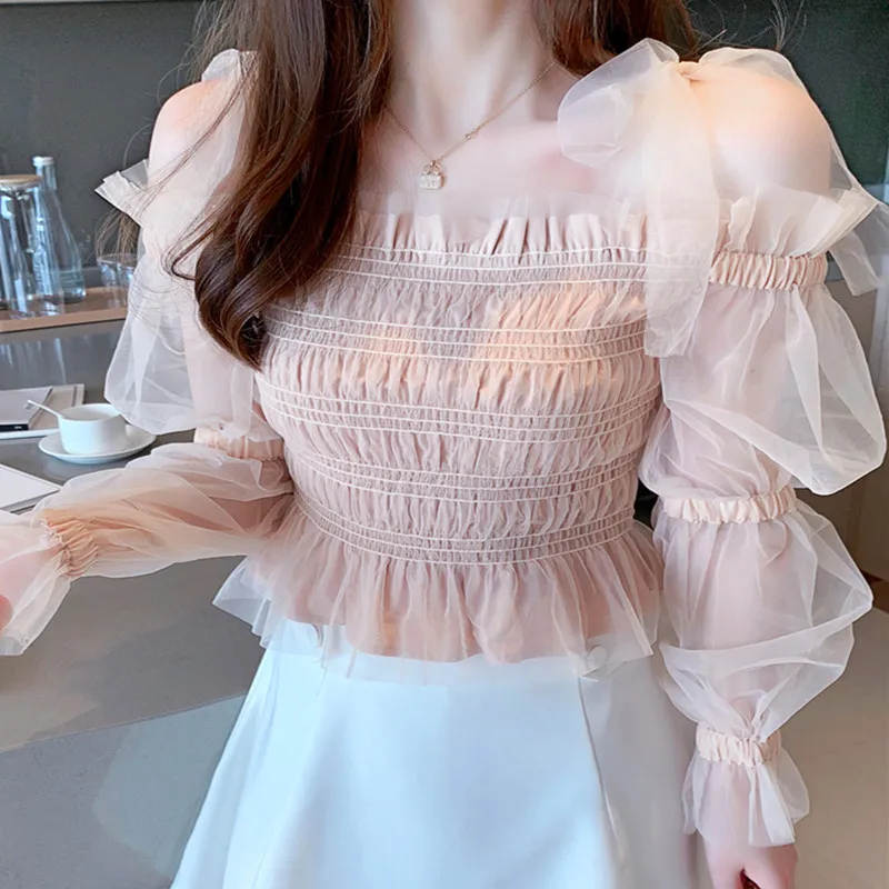 Женские топы и блузки фонарь с длинным эластичным рукавом открытыми плечами