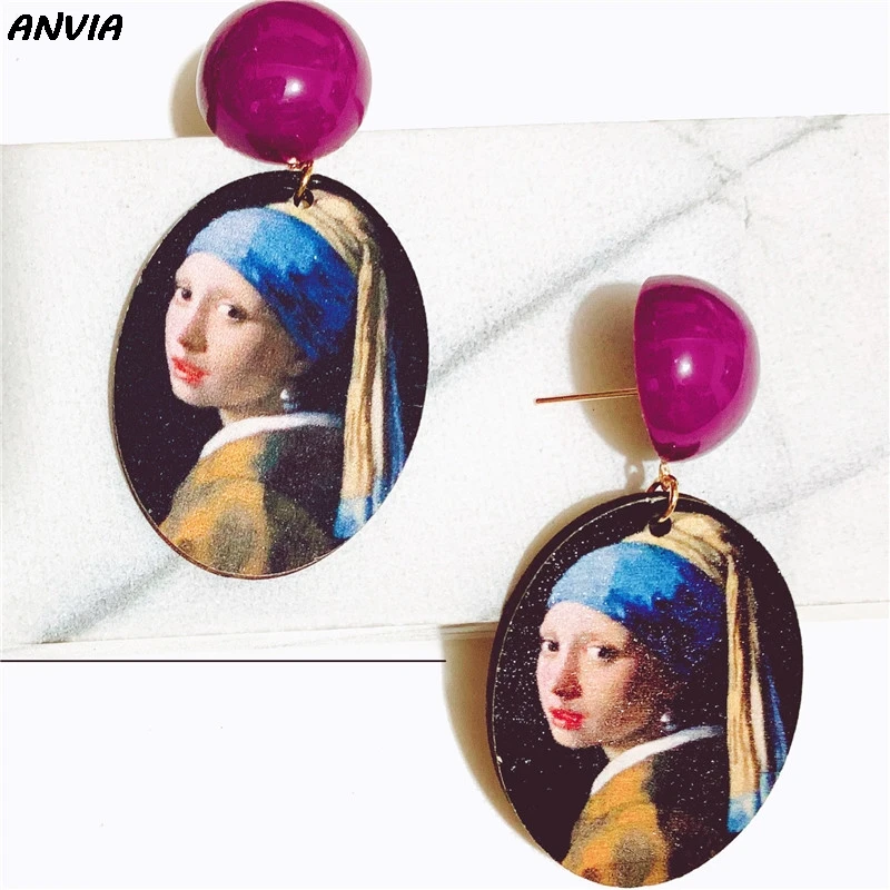 

Retro Van Gogh Girl Oil Painting Oval Wooden Earrings Drop Earrings New Temperament Simple Exaggerated Personality Earring Women