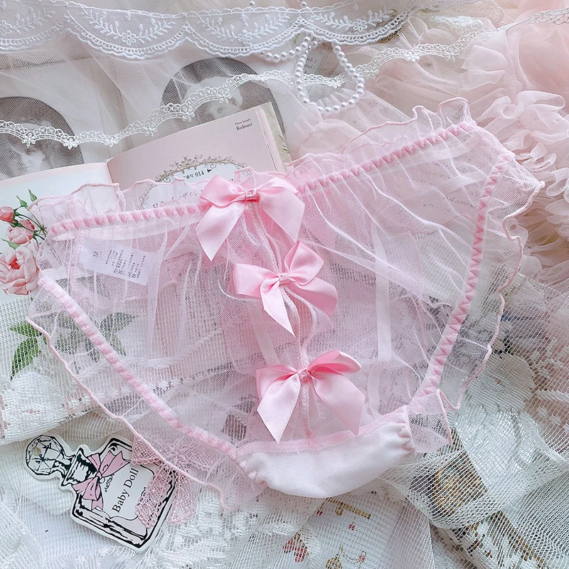 

Japanese soft girl Lolita girl heart super thin transparent low waist sexy big bow net lace underwear ropa mujer panties