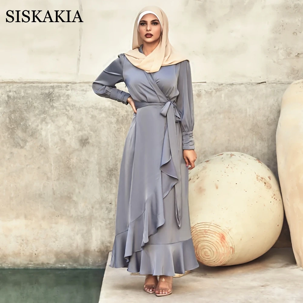 

Siskakia Solid Irregular Ruffled Lace-up Long Dress Thick Satin Full Sleeve Fashion Dubai Morocco Turkey Arabic Oman Clothes New