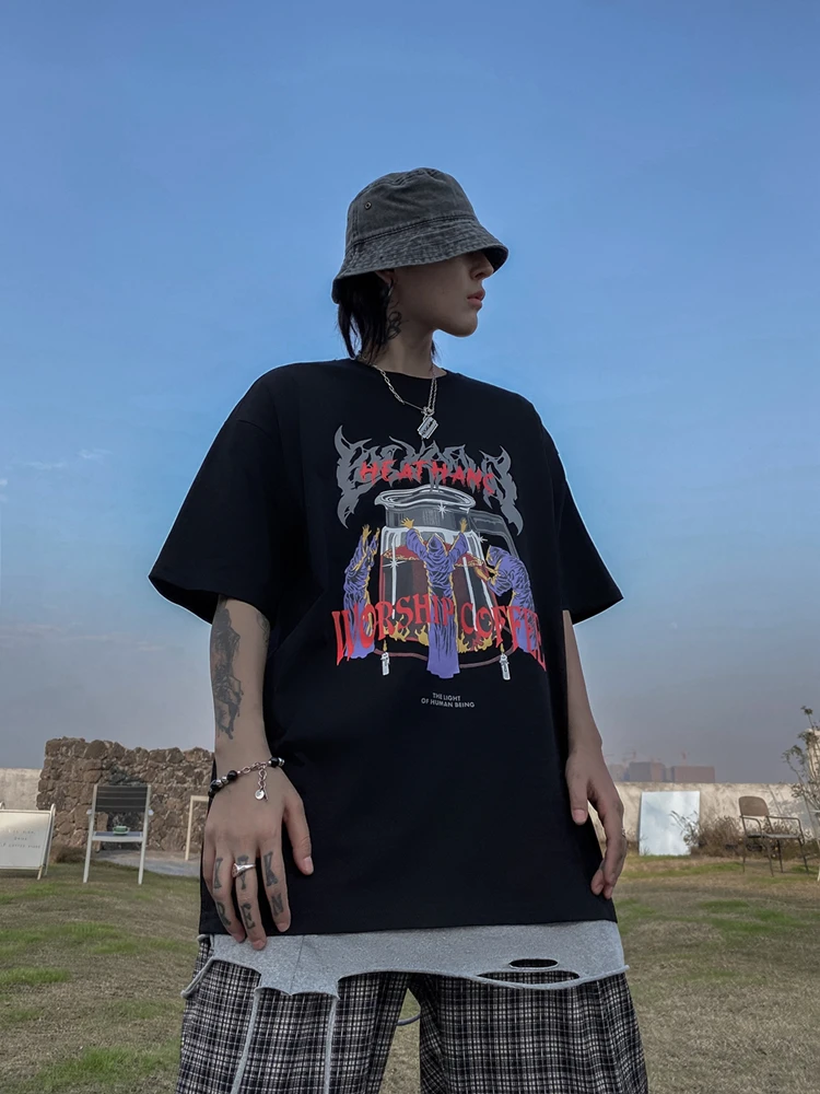 

Dropshipping Street Boys Fashion Short Sleeve Tshirts Hip Hop Letter Demon Printed Black T-shirts Unisex Casual Pure Cotton Tops