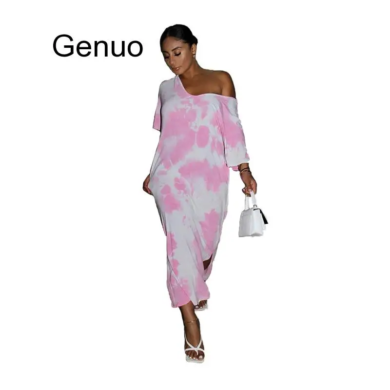 

Fashion Tie Dye Print Bohemian Style Women Dress Sexy V-neck Back Lace-up Hollow Out Beach Split Long Dress