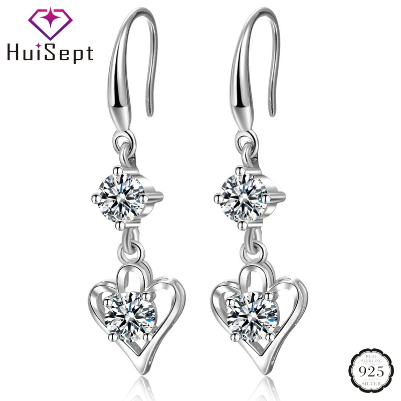HuiSept Fashion 925 Silver Earrings Jewellery Long Style Heart-shaped Zircon Gemstone Drop for Female Wedding Wholesale | Украшения и