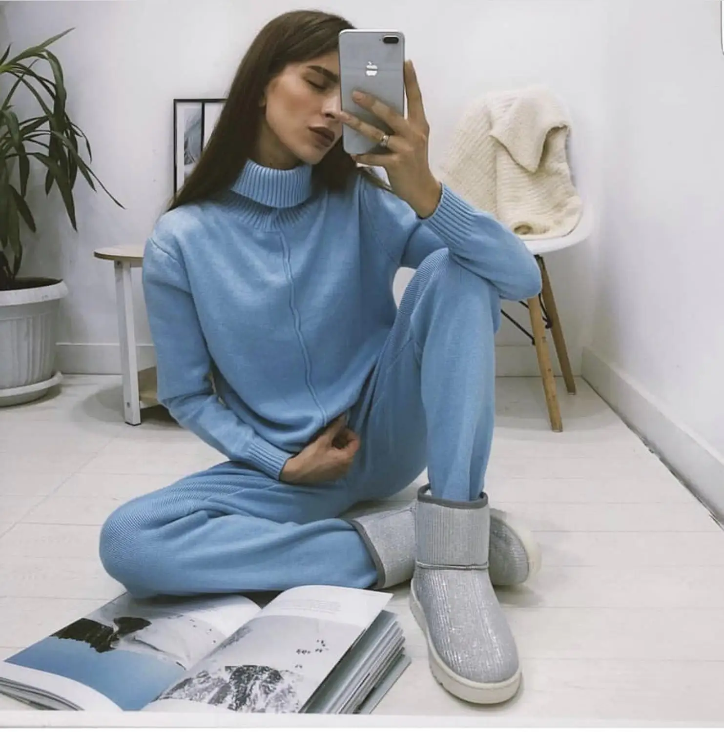 Женский трикотажный костюм двойка тренировочный со свитером и брюками с высоким