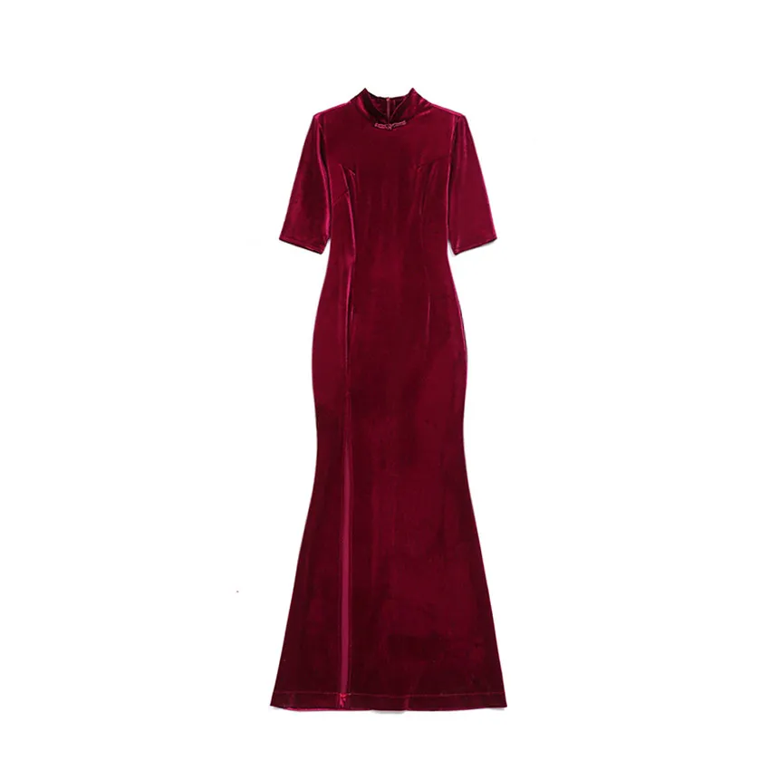 

M-4XL Summer Velvet Dress Qipao Traditional Chinese Dress Women Sexy High Split Floor Length Party Dress Plus Size Robe Femme