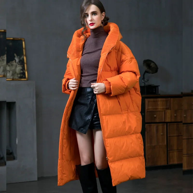 

Женский пуховик большого размера зима 2022 Европейская станция модная новинка для девушек сверхдлинное утепленное пальто с капюшоном оранжевое