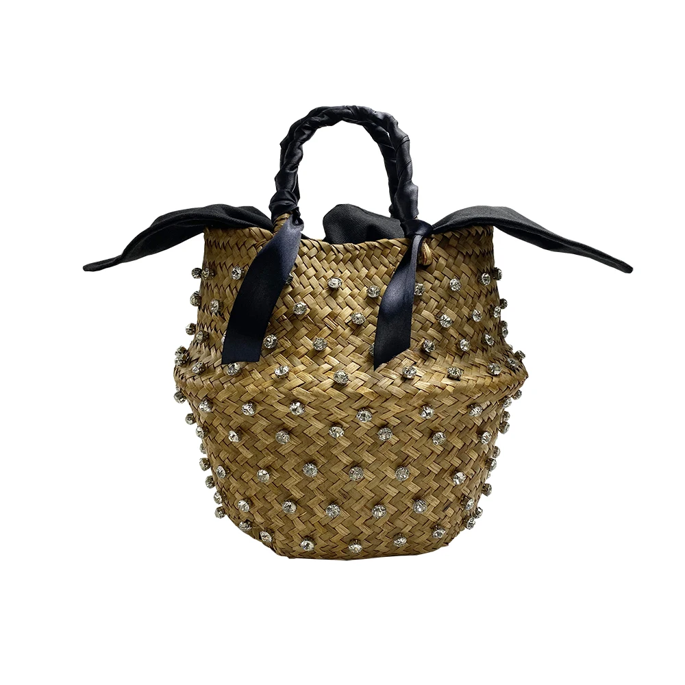 

Beach Bag With Pearl Ladies Woven Bucket Straw Diamond Handbags Clutch