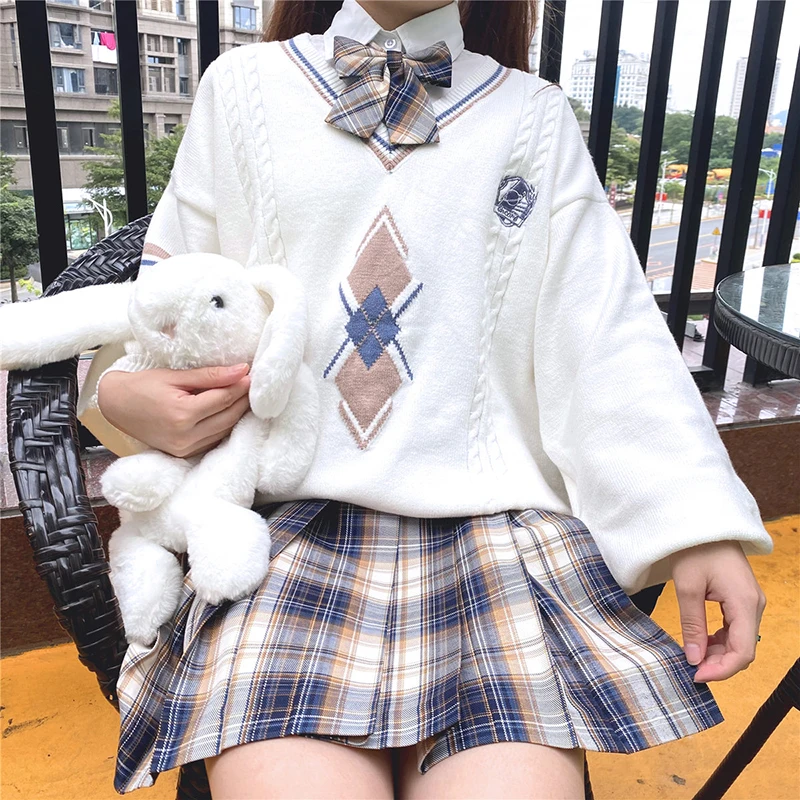 College Style Sweater Japanese Mori Girl Autumn Winter V Neck Oversized Knitted Outerwear JK Cute Kawaii Warm Sweet Pullover | Женская