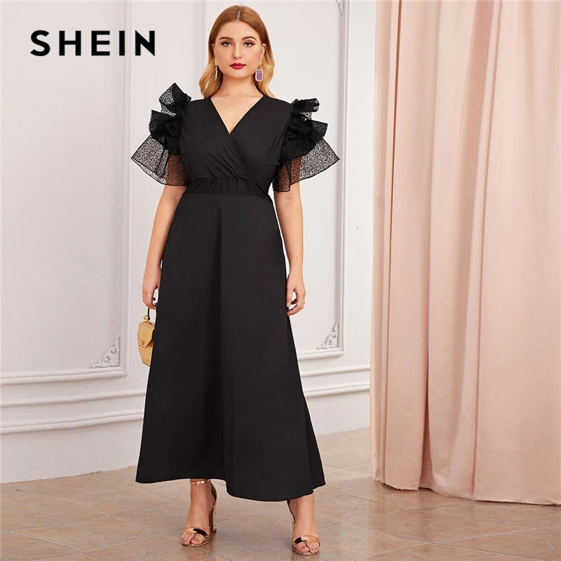SHEIN черное платье большого размера плюс с v образным вырезом завышенной оборкой