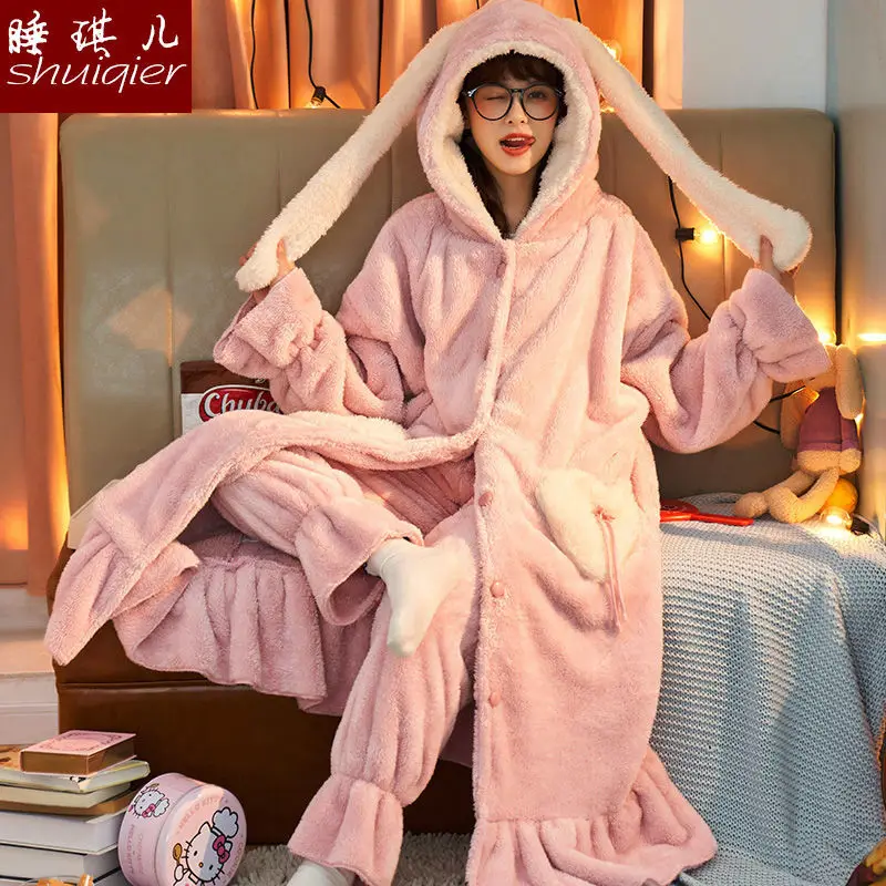 Autumn and Winter Pajamas Women Thickened Plus Velvet Long Coral Velvet Pajamas Cartoon Plus Size Two-piece Flannel Home Service