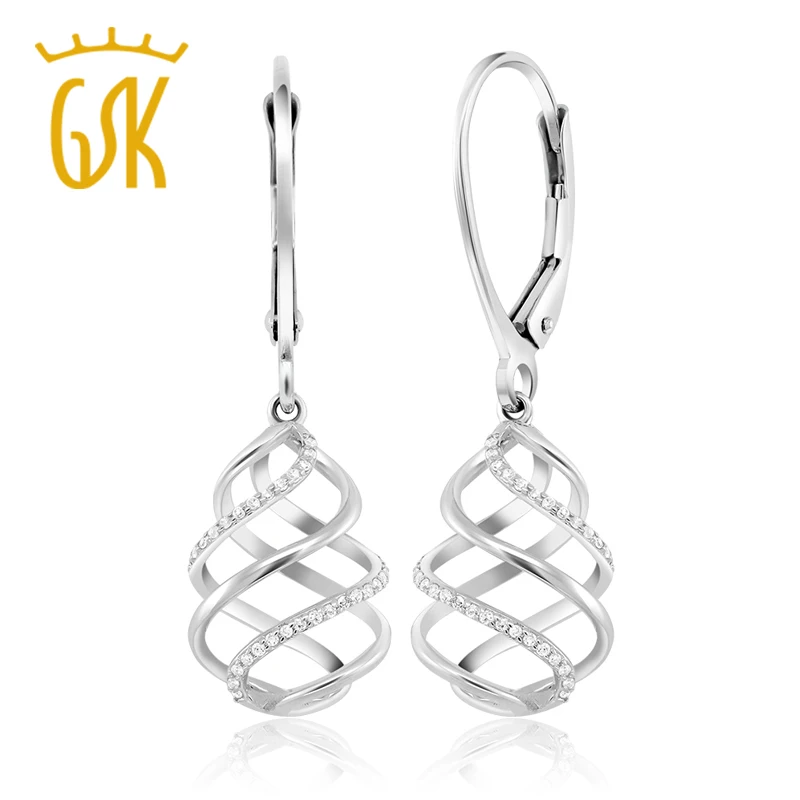 Круглые серьги GemStoneKing 10K белого золота с белыми бриллиантами висячие рычагом (0 078