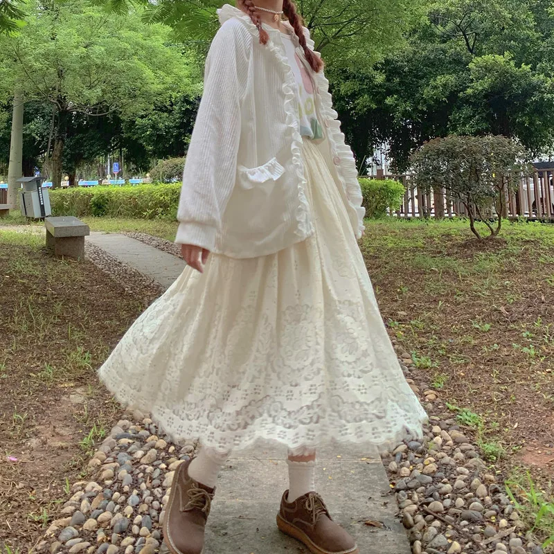 

Kawaii Girl Sweet Coat Japanese Autumn New Preppy Style Ruffles Corduroy Lantern Sleeve Single Breasted Loose Cardigan Coats Y2k