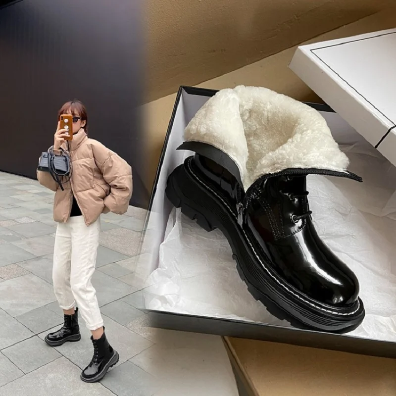 

Зимние женские ботинки из сплит-кожи с добавлением шерсти и кашемира; Теплые зимние ботинки на молнии сбоку; Ботинки на платформе со шнуровк...