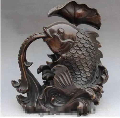 306 12 &quotКитайская народная Фэншуй Бронзовая рыба из листьев лотоса Senet Guttation