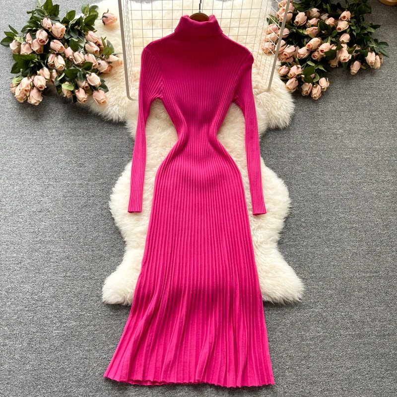 

Elegant Winter Warm Turtleneck Ladies Pleated Sweater Dress Full Sleeve Slim Waist Women Pink Knitted Maxi Vestidos Autumn New