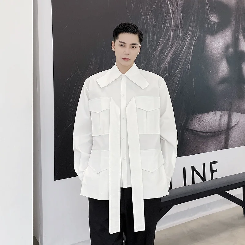 Men's spring and autumn new fashion trend personality stereotypical pocket design casual loose large size long sleeve shirt