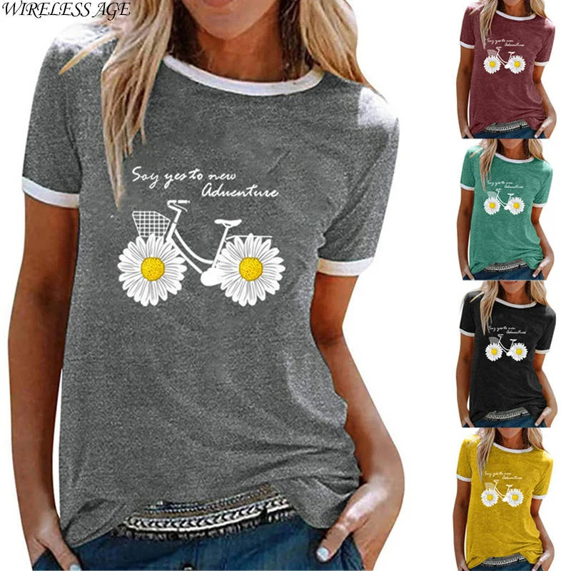 

WIRELESS AGE T Shirt Women Round Neck Short Sleeve Loose Chrysanthemum Bicycle Printed Casual Lady Tops New Summer Fashion Wild