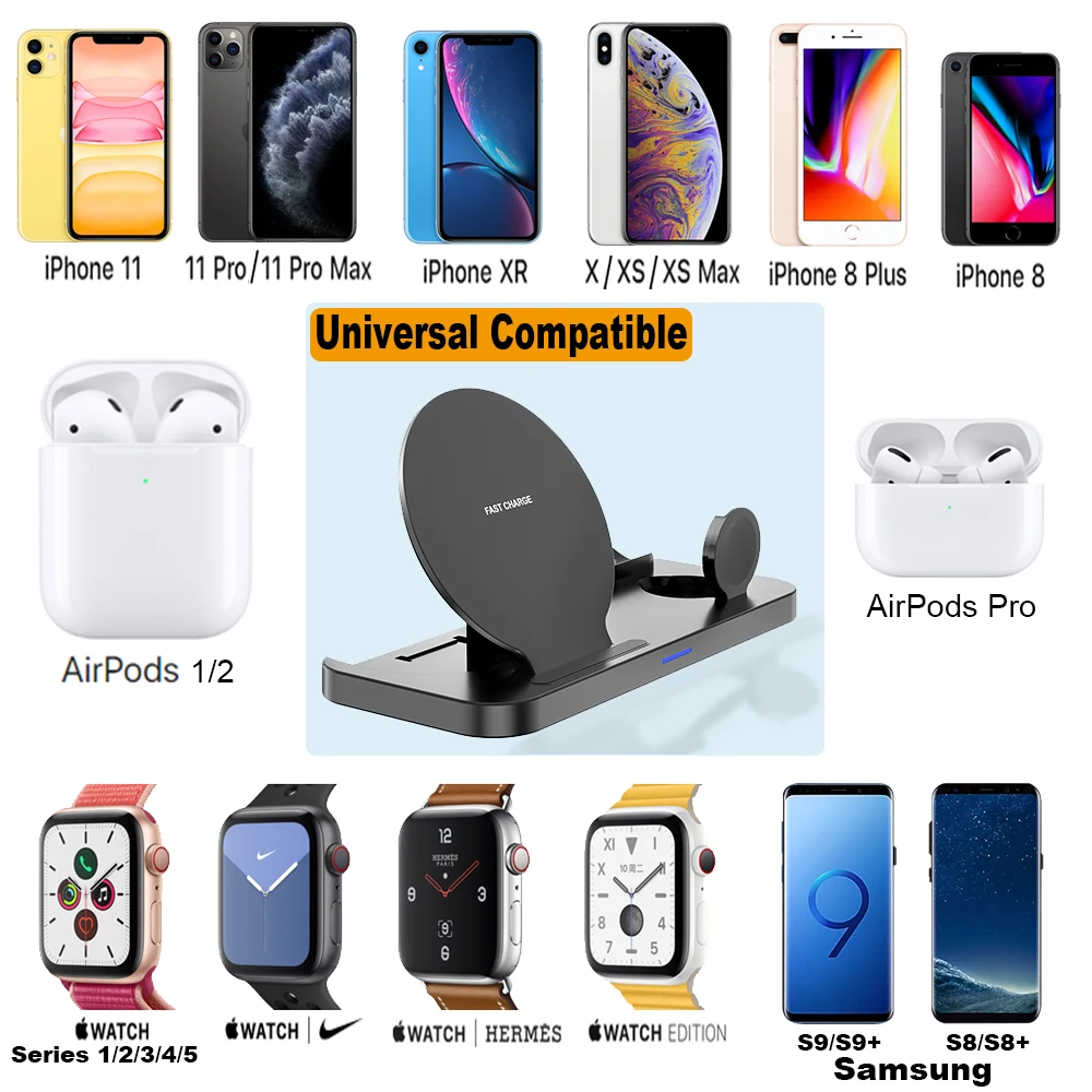 Беспроводное зарядное устройство 3 в 1 15 Вт для iPhone 11/11Pro/X/XS Apple Watch Series 5 4 Airpods