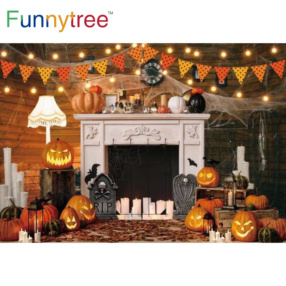 

Funnytree Halloween Party Pumpkin Lanterns Wood Background Lights Candles Fireplace Interior Clock Tombstone Spider Web Backdrop