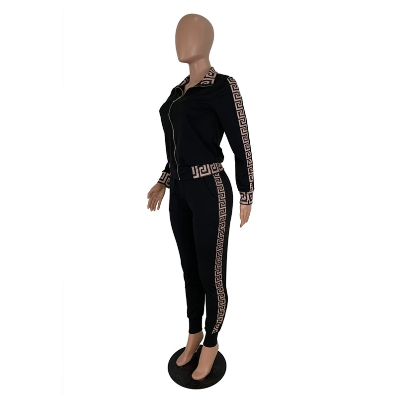 

2021 Plus Size Casual Two Piece Set Outfits Women Tracksuit Long Sleeve Zipper Greek Fret Print Coat and Pants Suit Female Sets