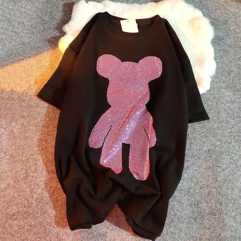 

New Fashion 2021 Summer Rhinestone Bear plus size women shirts Casual Lycra Short Sleeves Long tshirt plus size M-4XL