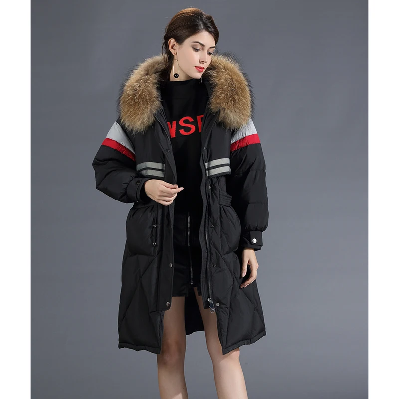 Новинка зимний женский пуховик натуральный мех с капюшоном средней длины пальто