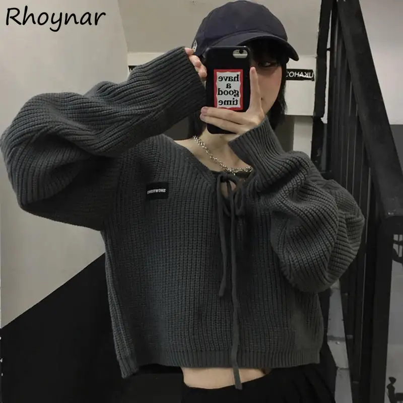 

Pullovers Women Cropped Female Clothes V-Neck Loose Teens Stylish Students Basic Vintage Harajuku Ulzzang Simple Daily Cozy Soft