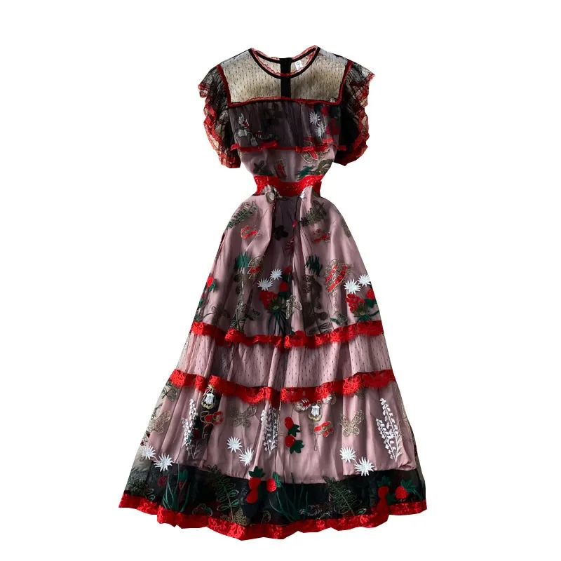 

2021 New Summer Woman Dresses Gauze French Vintage Robe Sexy Palace Wind Swings Mesh Floral Embroidery Female Long Vestidos