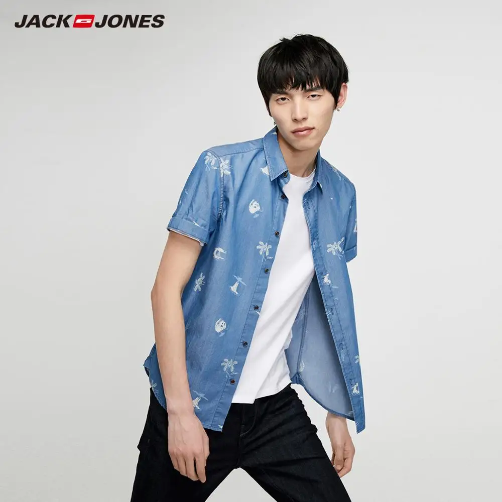 Мужская джинсовая рубашка JackJones 100% хлопок с коротким рукавом и принтом 219204525 |