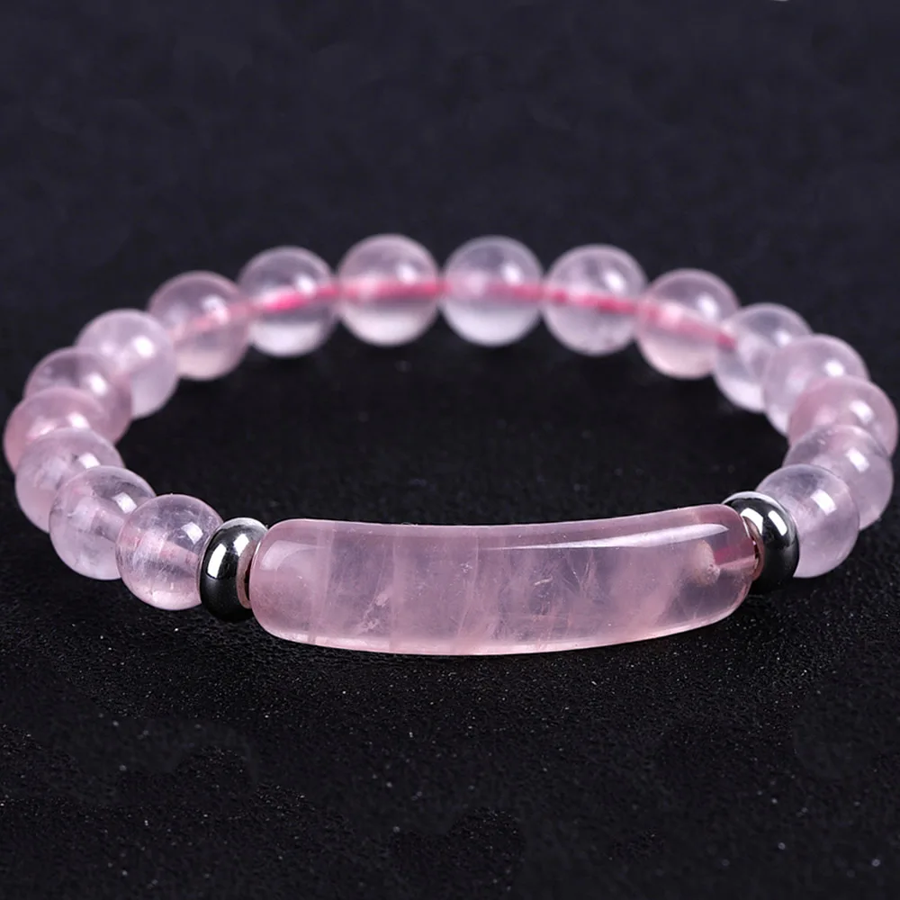 

8mm Natural Stone Strand Beads Bracelet Reiki Healing Pink Quartz Aventurine Agates Rose Crystal Rectangle Bar Charms Bracelets