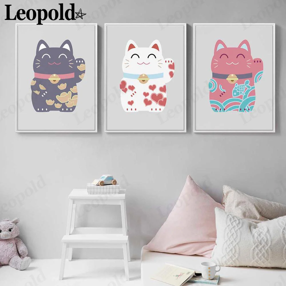 

Modern Cute Animal Canvas Poster Pink White Lucky Cat Painting Wall Art Nordic Room Home Decoration Frameless Painting