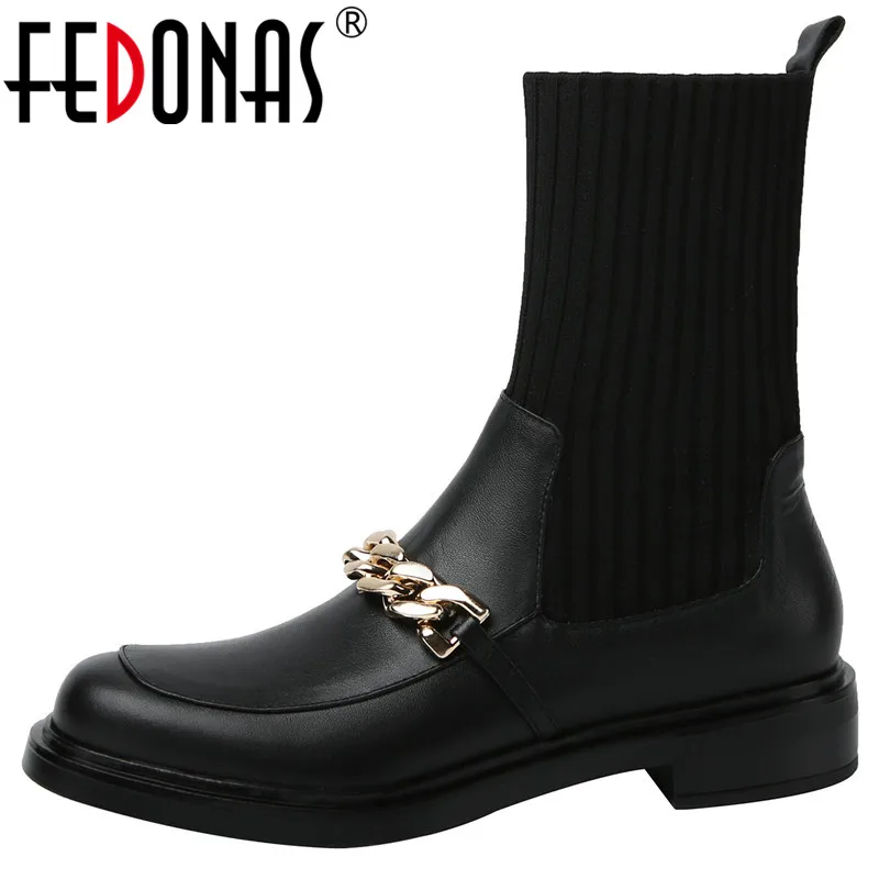 

Женские ботильоны с металлическим украшением FEDONAS, зимние ботинки из натуральной кожи с круглым носком в стиле ретро