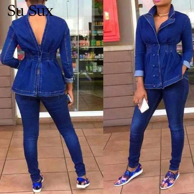 

2020 New Casual Jeans Suit Women Denim Two Pieces Set V-Neck Long Sleeve Jeans Top&Long Pants Slim Tracksuit Outfits High Qualit